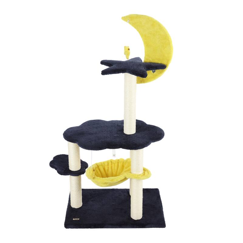 Aurora 49" 3-Tier Modern Sisal Moon And Stars Cat Tree with Scratching Posts, Basket, and Fuzzy Bell Toys, Navy/Yellow/White