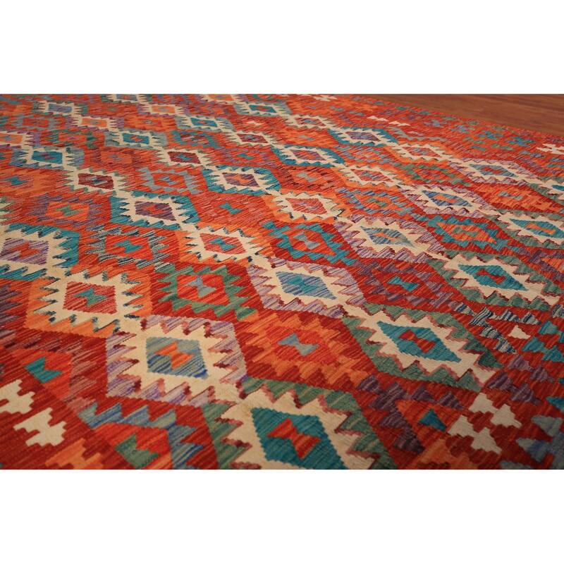 Reversible Orange Kilim Oriental Area Rug Hand-Woven Wool Carpet - 8'3" x 9'9"