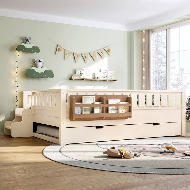Full with Built-in Bookshelves and Small Staircase, High-Quality Safety Rails, and Trundle