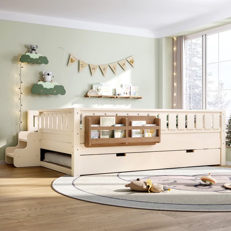 Roomfitters Floor Bed with Bookshelf and Trundle, Low Profile Frame with Step Entry