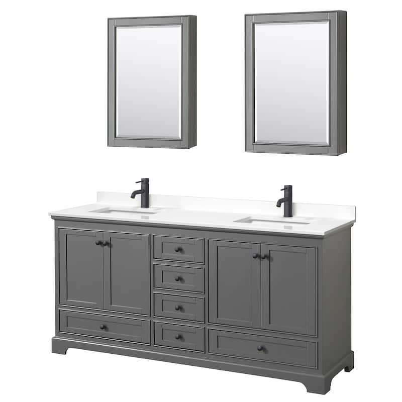 Deborah 72-inch Double Vanity, Quartz Top, Medicine Cabinets - Dark Gray, Black Trim, White Quartz Top
