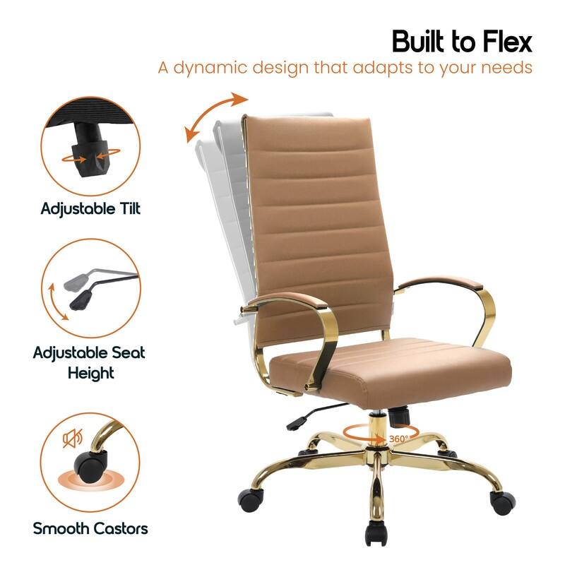 Benmar High-Back Leather Office Desk Chair in Brushed Gold Steel Frame Cushion Padded Armrests Tilt Lock Swivel Ergonomic Chair