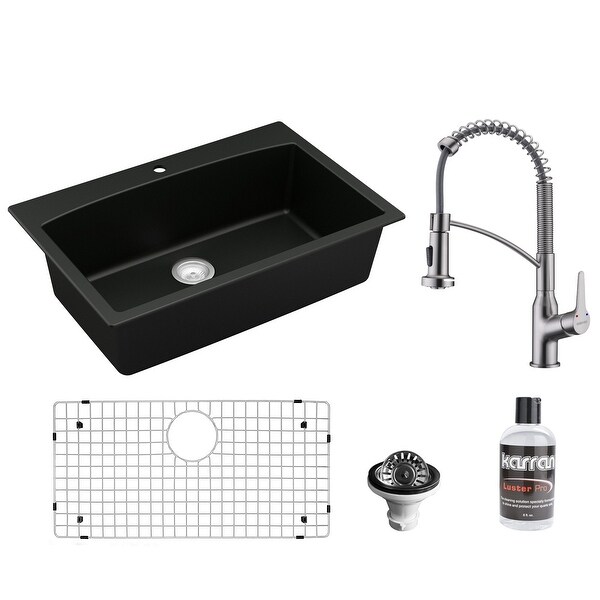 Karran All in One Drop-In Quartz Composite 33 in. Single Bowl Kitchen Sink in Black with Faucet KKF210 in Stainless Steel. Opens flyout.