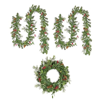 First Traditions™ Pre-Lit Holly Berry Wreath and Garland Assortment - Green - 9 ft