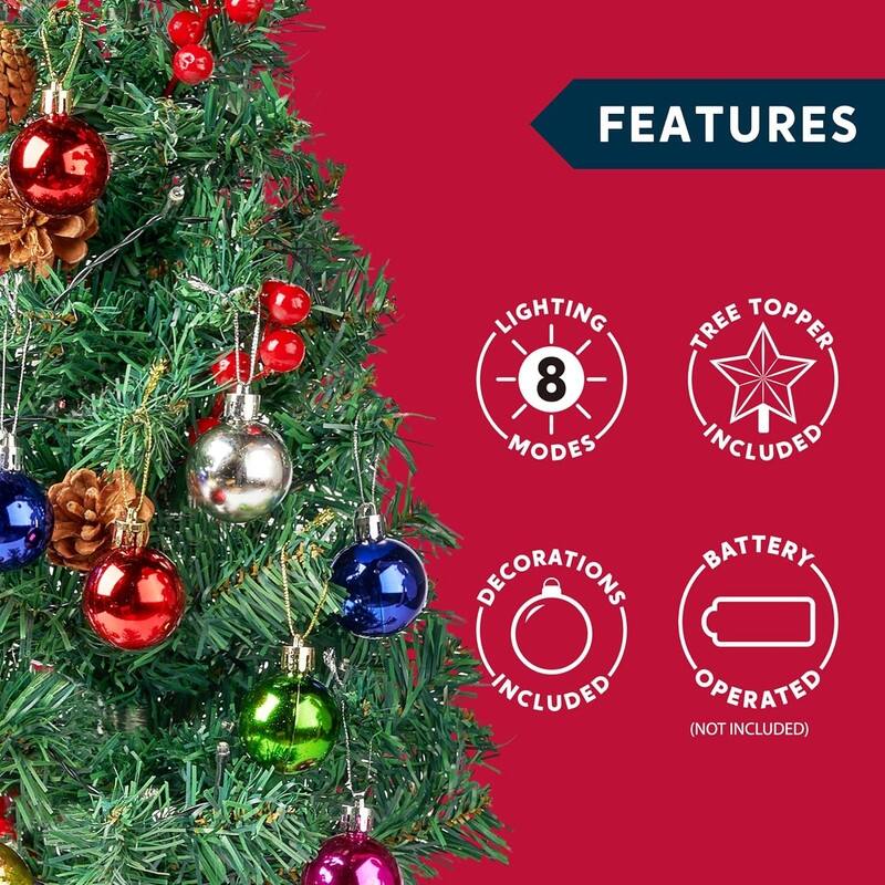 5 in. Tall Green Plastic & Metal Prelit Tabletop Christmas Tree with Color Changing LED Lights - Red