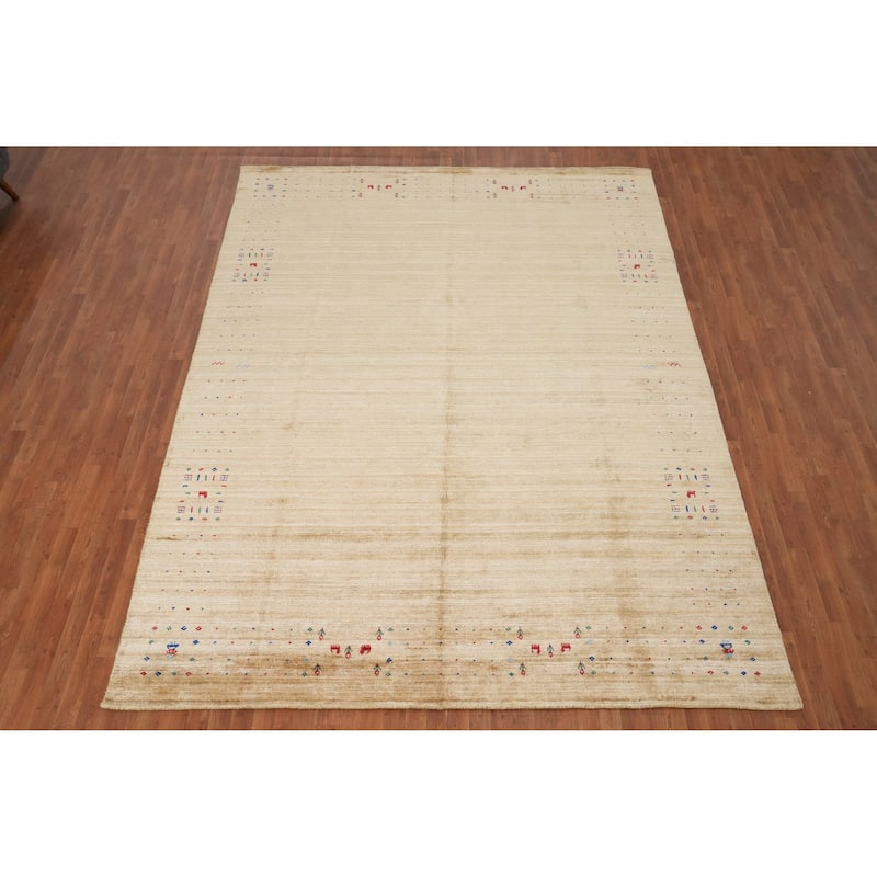 Hand Knotted Oriental Viscose Silk Carpet Tribal Animal Pictorial Yellow & Gold Gabbeh Area Rug - 11' 11'' X 8' 11''