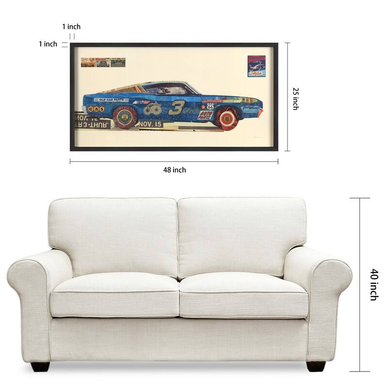 "Muscle Blue Car" Dimensional Collage Framed Graphic Glass Wall Art