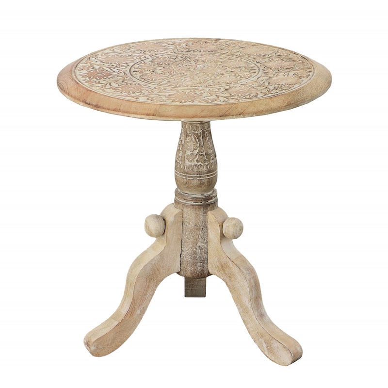 18 in. Brown and White Round Wood End Table with Pedestal Base