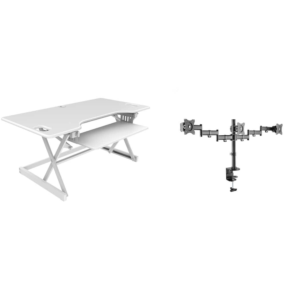 Rocelco 46 in. W White Height Adjustable Standing Desk Converter with Triple Monitor Mount and Deep Keyboard Tray