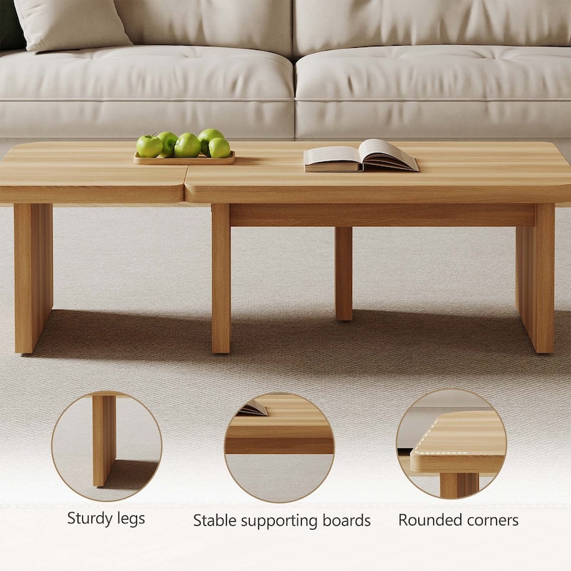 Modern Wood Coffee table, Mid Century Wood Side Table for Living Room, 2 Pieces