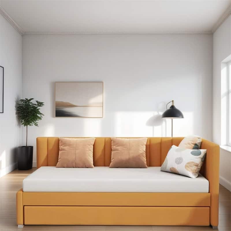 Twin Size Upholstered Sofa Bed Frame with Trundle - Yellow