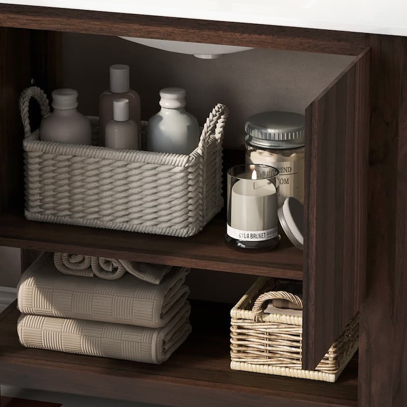 Bathroom Vanity with Ceramic Sink, Bathroom Cabinet with Soft-Closing Doors, Freestanding Cabinet with Open Shelf
