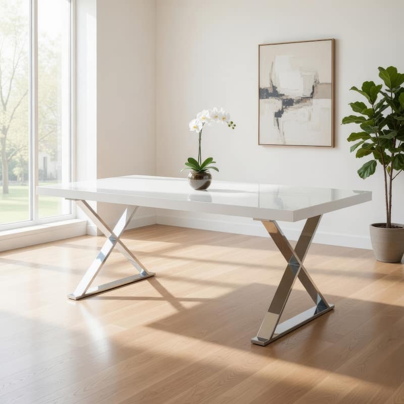 Rix 87 Inch Dining Table, White Wood Top, X Chrome Finished Steel Legs