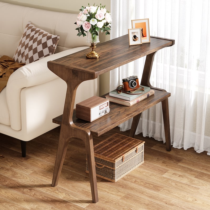 Wood 2-Tier Slim End Side Chairside Table for Living Room - 1-Pieces - Dark Brown