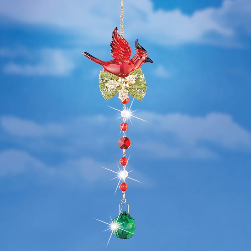 Festive Cardinal Crystal Hanging Suncatcher - 3.37 x 12.5 x 2 - Red - 3.37 x 12.5 x 2