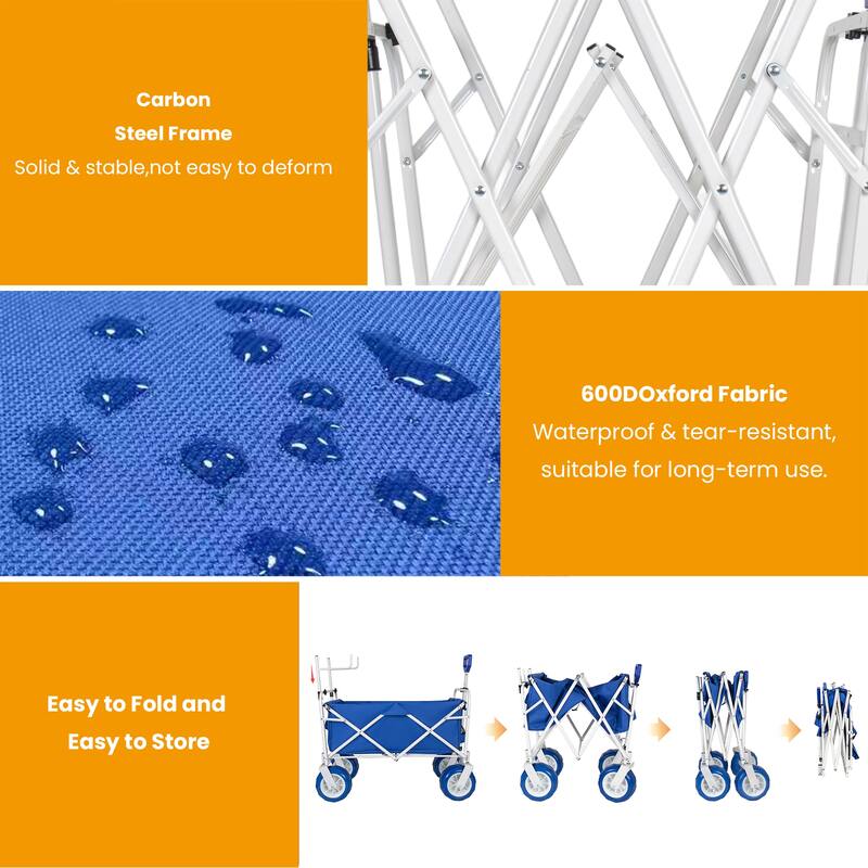 Beach Wagon Cart with Chair Racks and 9" All-Terrain Wheels, 500lbs Heavy Duty Collapsible Folding Wagon, Storage Bags