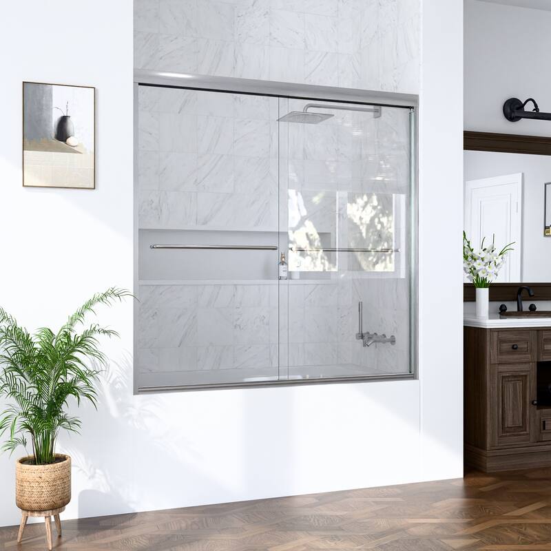 GDFStudio - Modern Minimalist Semi-Frameless Double Sliding Shower Door with 1/4" SGCC Tempered Glass & Stainless Steel Handle