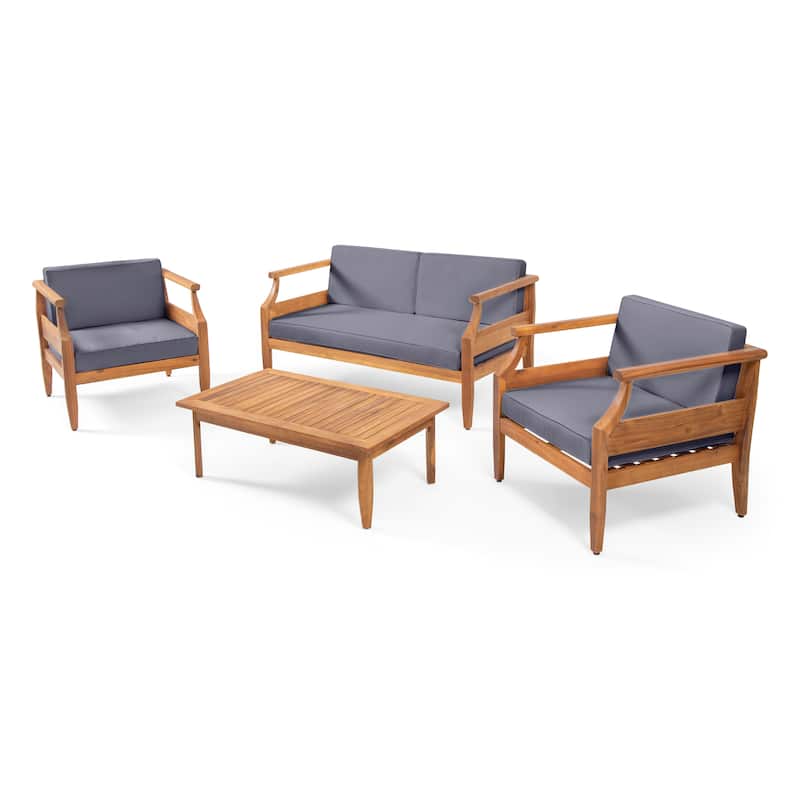 Aston Outdoor Mid-Century Modern Cushioned Acacia 4-seat Chat Set by Christopher Knight Home