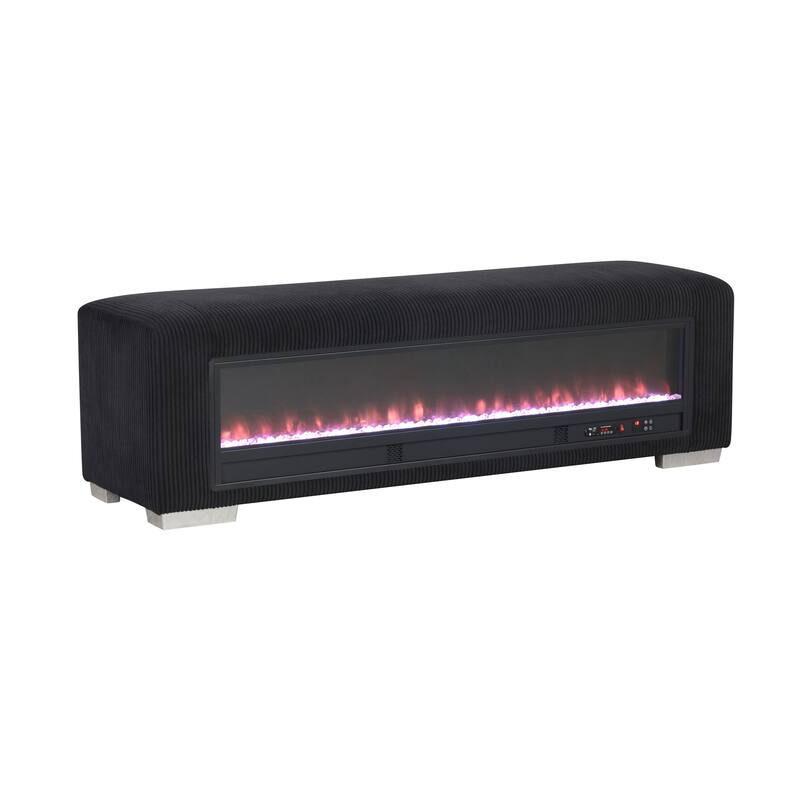 Furniture of America Goffney Chenille Bench with Fireplace Simulator and Bluetooth Audio