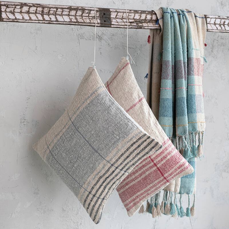 Woven Cotton Slub Lumbar Pillow with Grid Pattern - 24.0"L x 16.0"W x 0.3"H