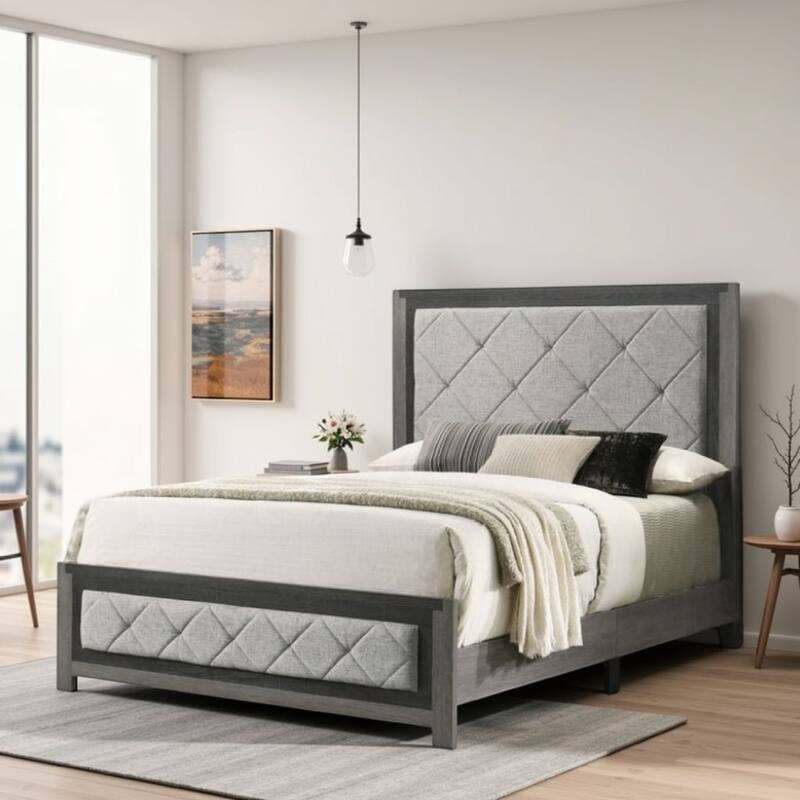 Joho King Bed with Gray Diamond Button Tufted Upholstery, Modern Gray