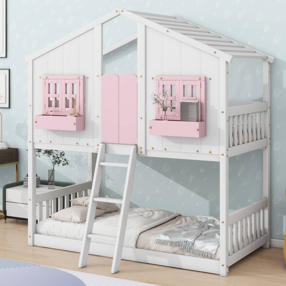 Twin over Twin Size Wood House Bunk Bed with Roof , Window, Window Box, Door, Safety Guardrails and Ladder