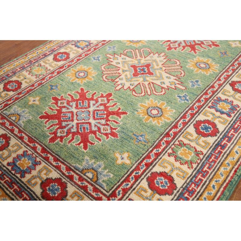 Green Geometric Kazak Foyer Rug Handmade Wool Carpet - 2'6"x 3'10"