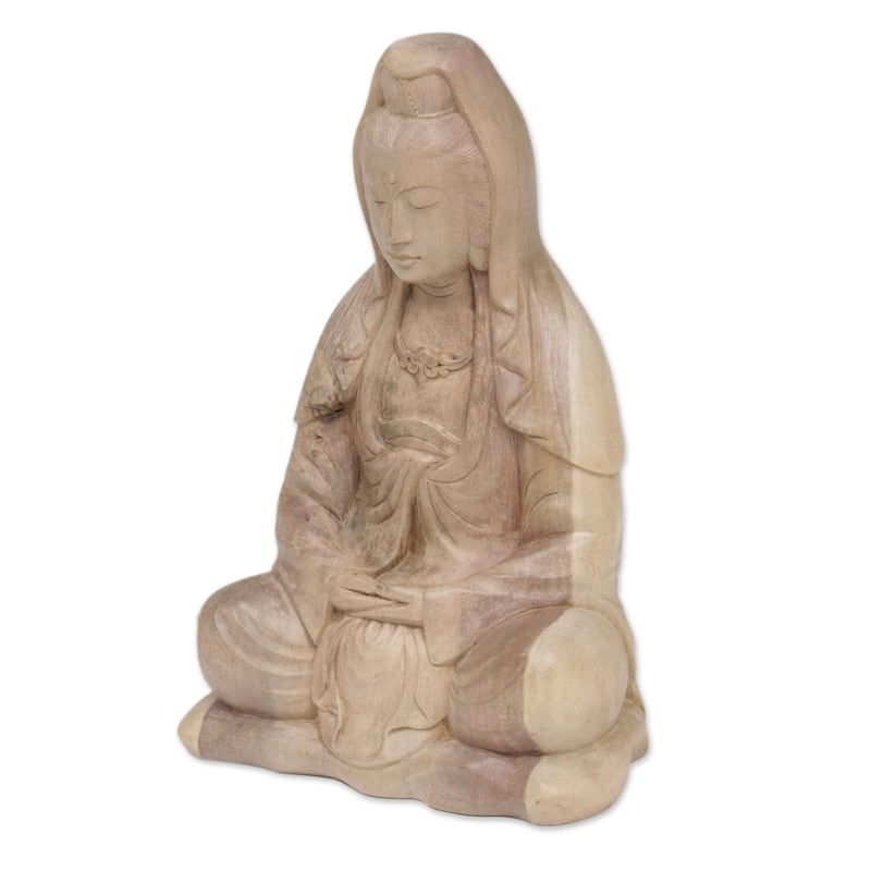 Novica Handmade Kwan Im Meditation Hibiscus Wood Statuette