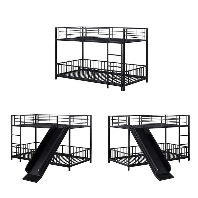 Black Twin over Twin Size Metal Bunk Bed with Slide and Guardrails for Kids
