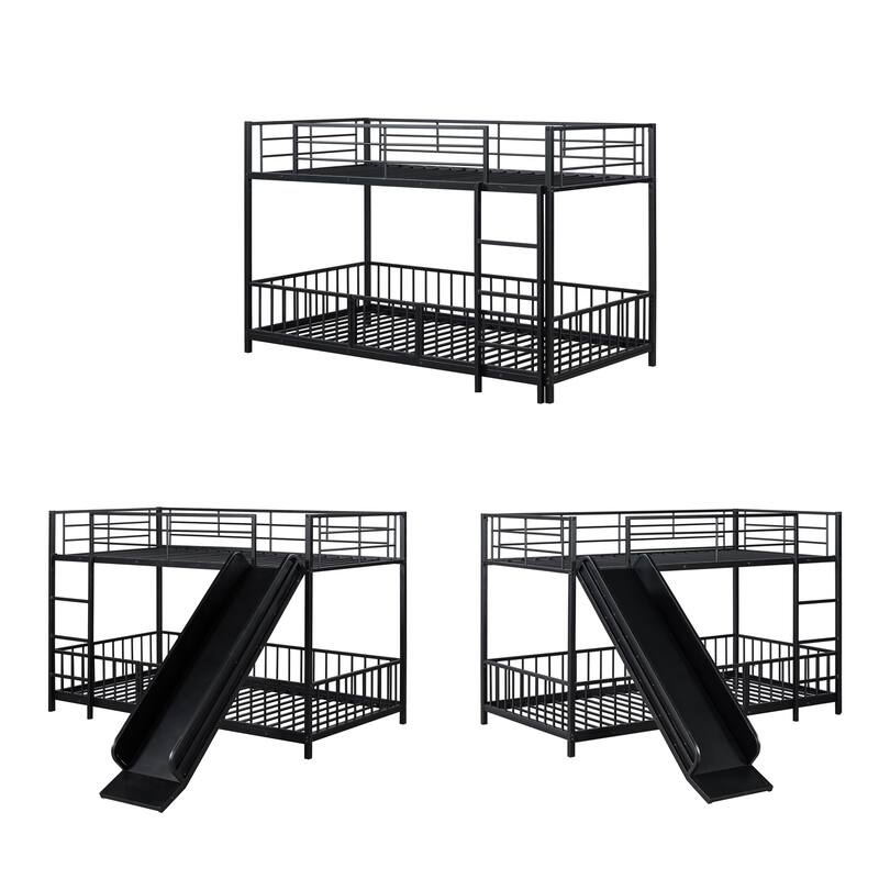 Twin over Twin Metal Bunk Bed with Slide, Guardrails, and Convertible Loft Design, Black