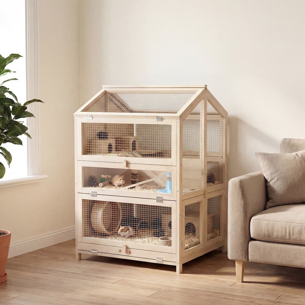 PawHut 35.4" H 3-Tier Wooden Hamster Cage with Pull-Out Bottom Tray - medium