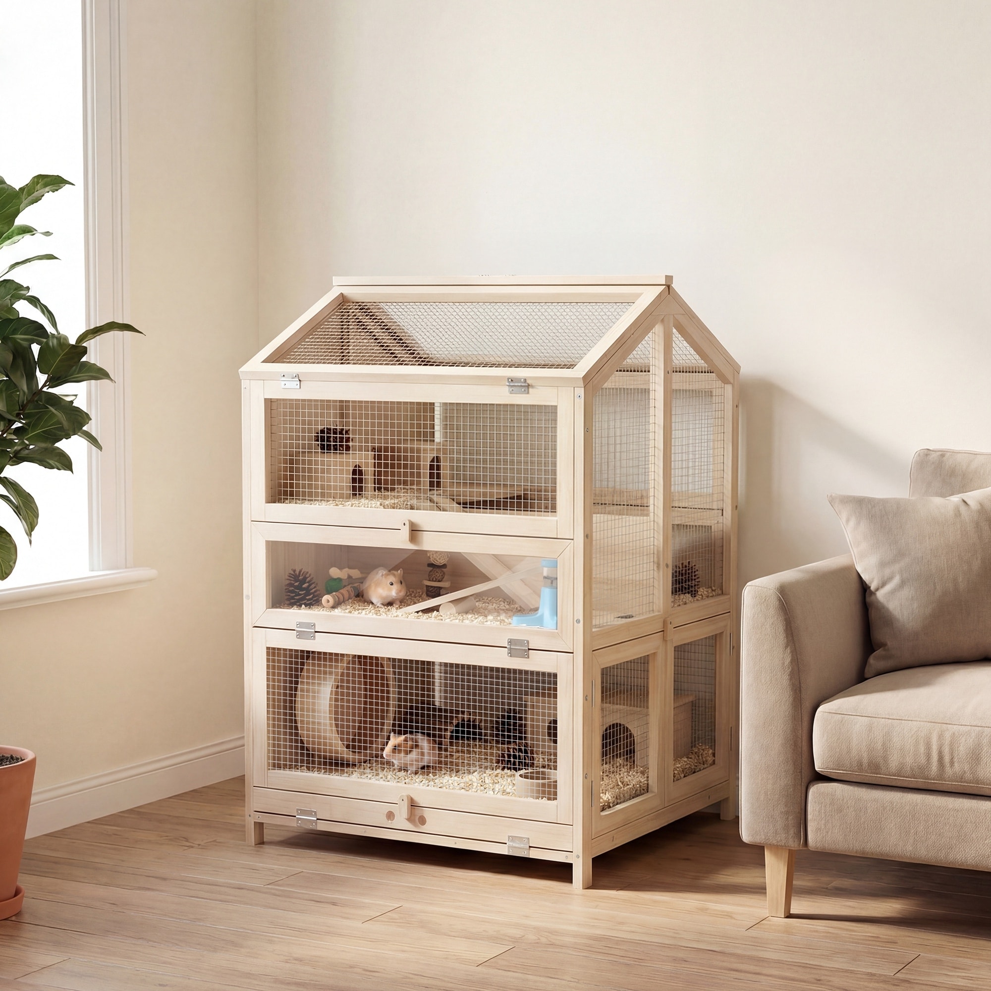 PawHut 35.4" H 3-Tier Wooden Hamster Cage with Pull-Out Bottom Tray - medium