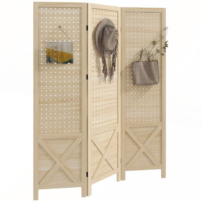 Folding Wood Pegboard Room Divider for Privacy and Organization in Home or Office
