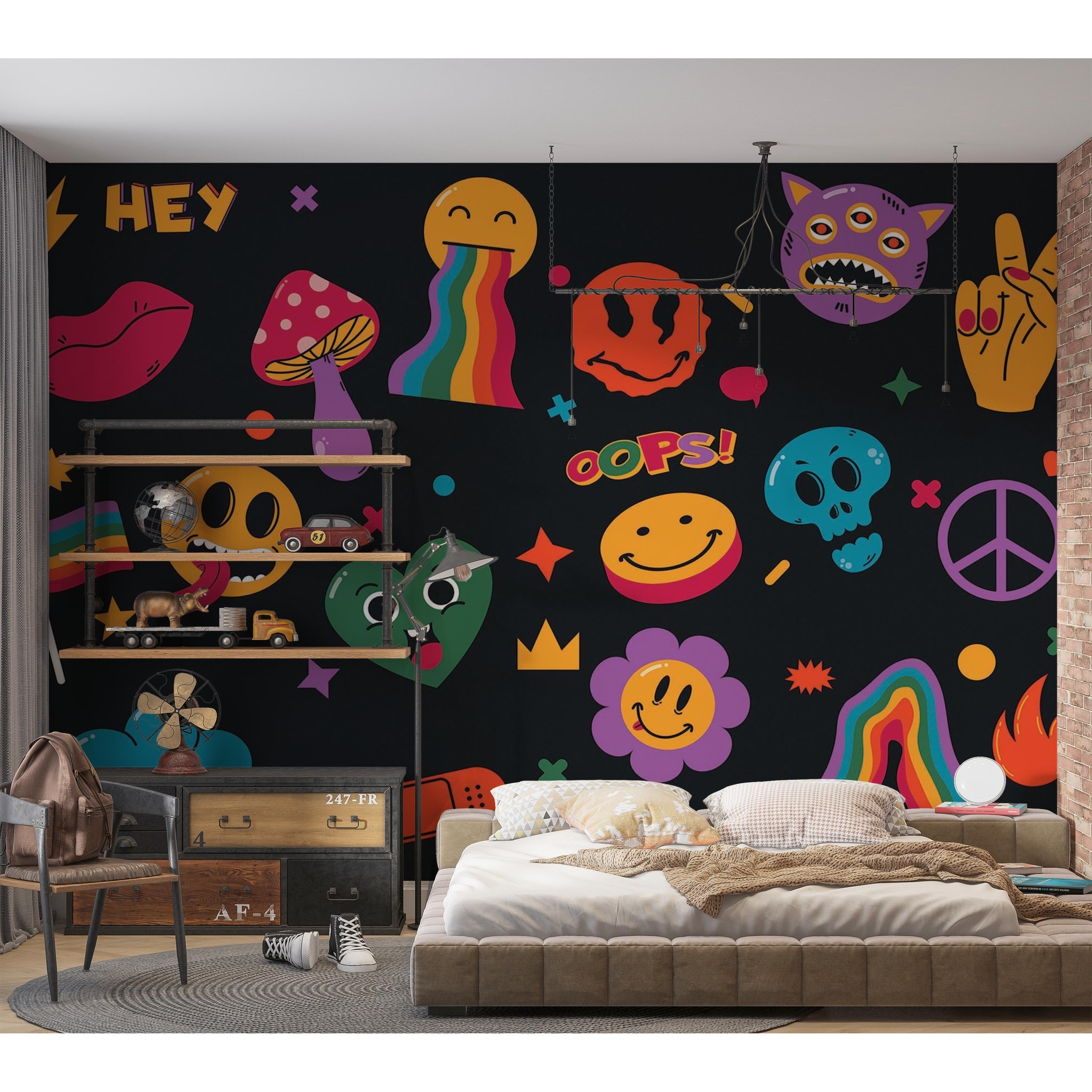 Premium Peel & Stick Wall Mural - Colorful Doodle Art - Bed Bath