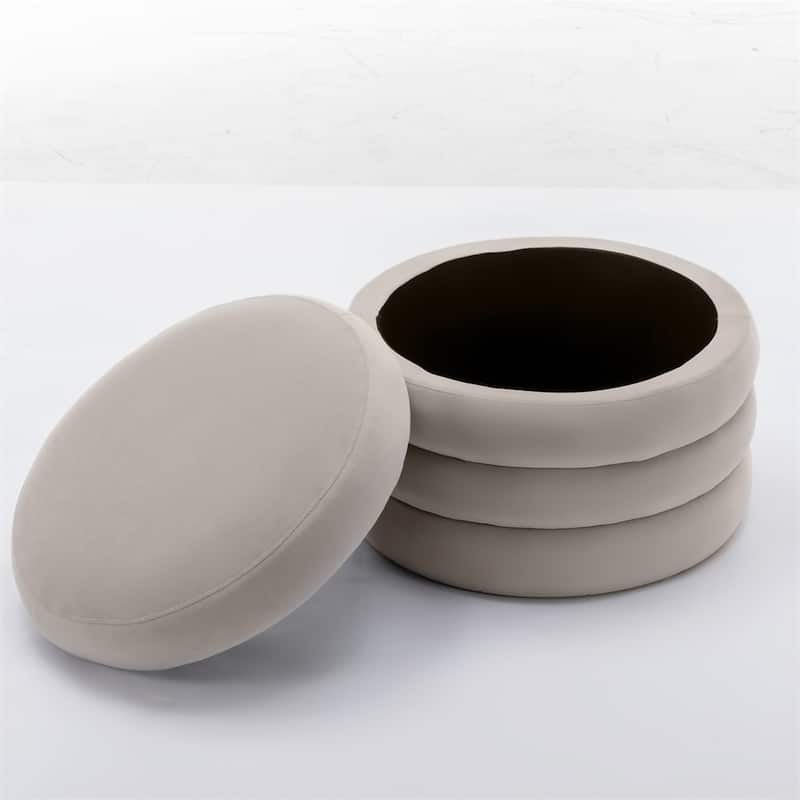 Fabric Storage Round Ottoman Footstool with Wooden Shelving