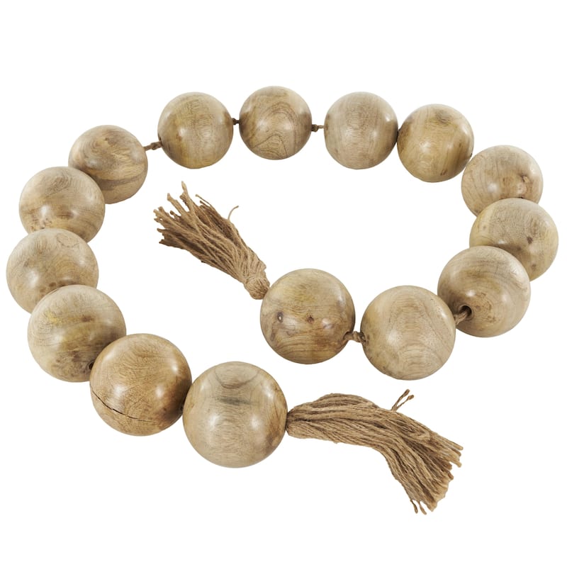 Mango Wood Handmade Round Extra Long Washed Orb Garland with Tassel - Brown, Black or White - Roche River Decor