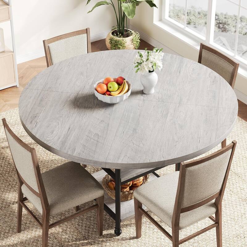 47" Round Dining Table for 4–6, Modern Wood Table with Storage Shelf & Roman Metal Legs, Table Only