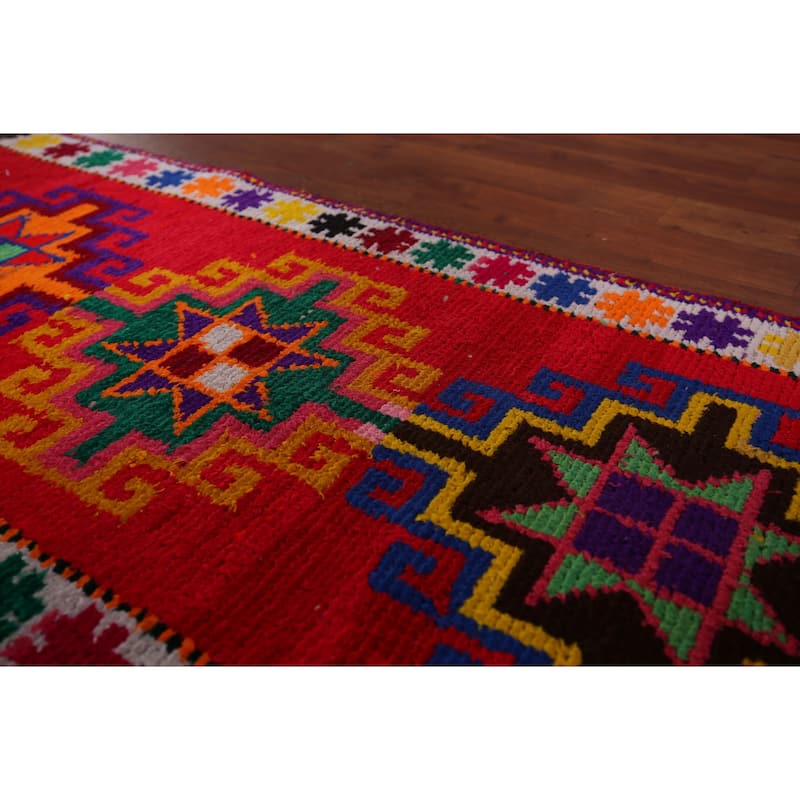 Tribal Anatolian Turkish Vintage Runner Rug Handmade Red Silk Carpet - 1'11"x 10'6"