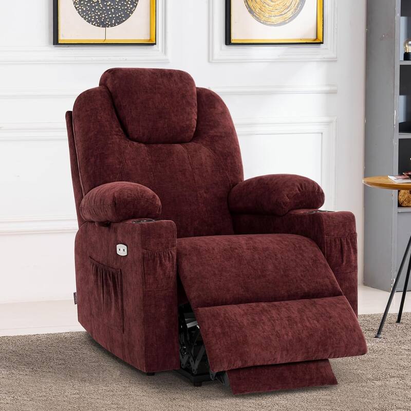 MCombo Large Power Lift Recliner Chair with Massage, Cup Holders, Extended Footrest, Fabric 7516 - Sangria