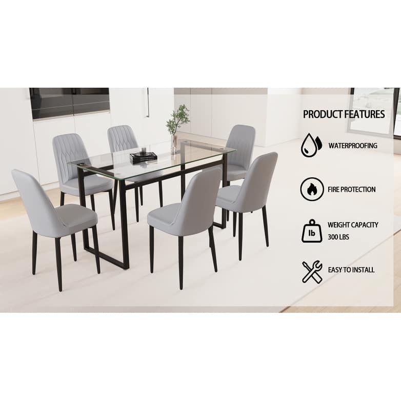 Modern Dining Set with Rectangular Glass Table & PU Upholstered Chairs