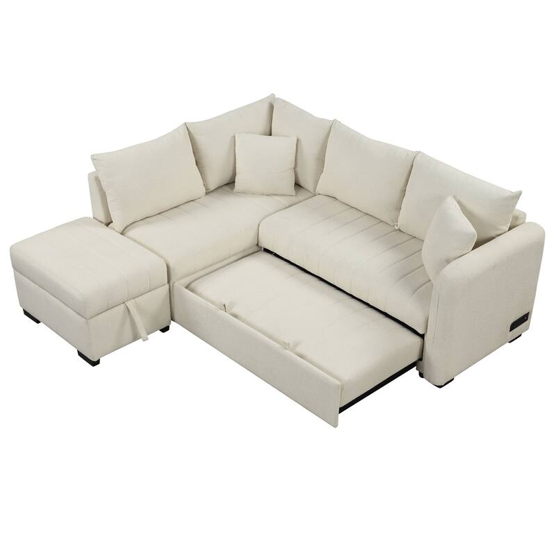 Beige 82.6" L-Shaped 5-Seat Sleeper Sofa with Pull-Out Bed, Storage Ottoman, USB Ports, and Power Outlets