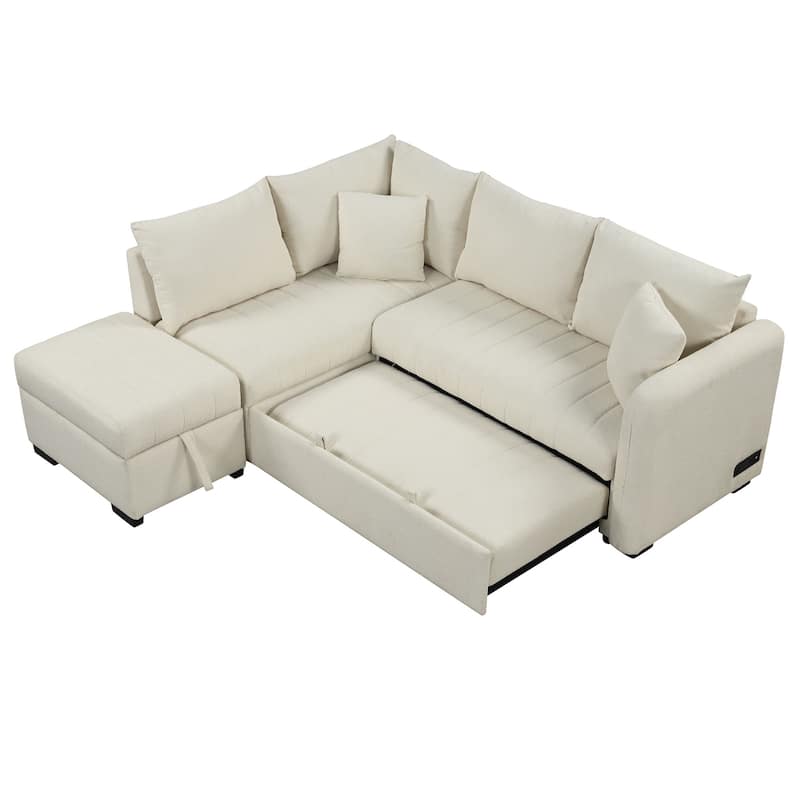 Beige 82.6" L-Shaped 5-Seater Sleeper Sofa with Storage