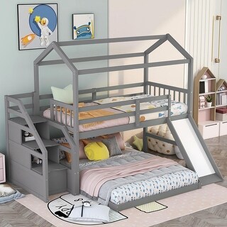 Twin Over Full House Bunk Bed with Slide and Storage Staircase - Bed ...