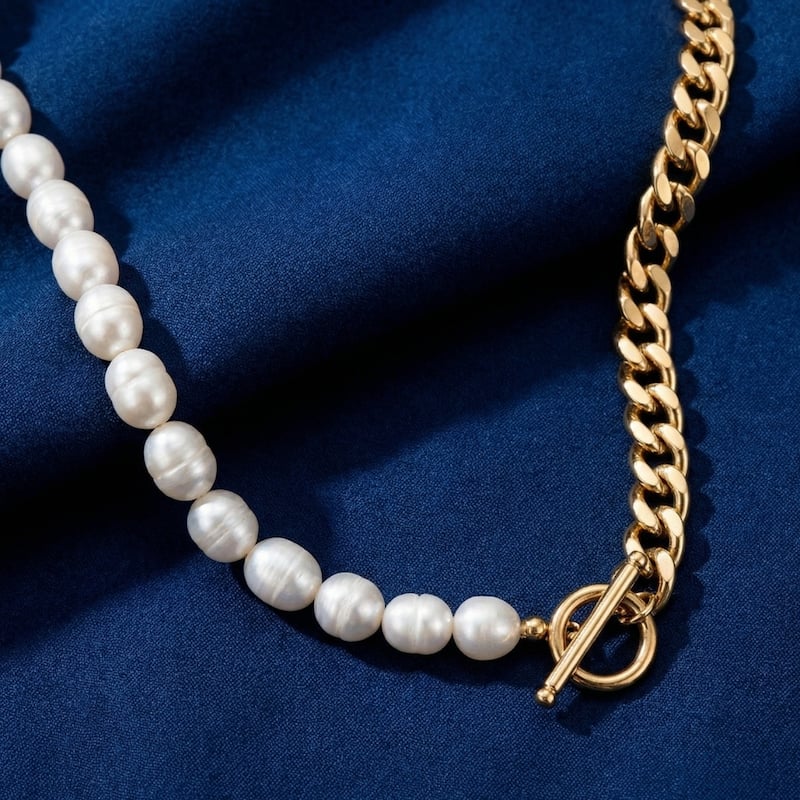 Bliss Diamond Yellow Gold Plated Fresh Water Pearl And Curb Link Necklace 18" Toggle Clasp