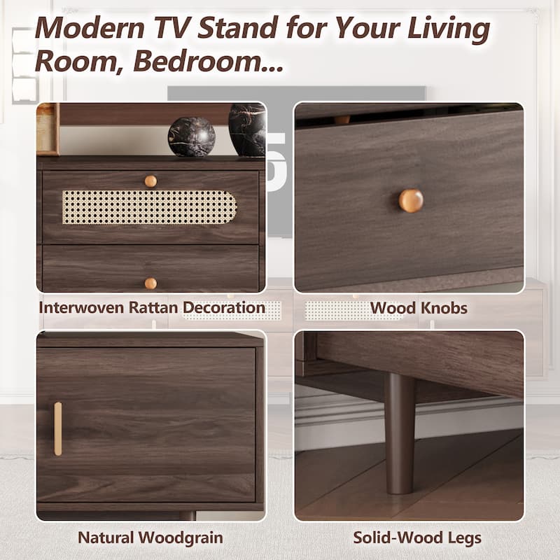 Modern76 Inch TV Stand with Rattan Doors and Storage for Large TVs