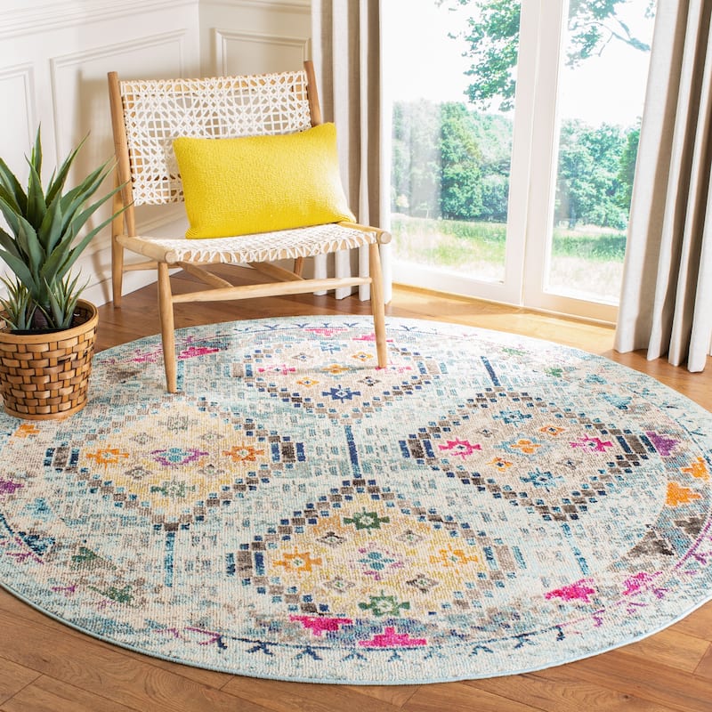 SAFAVIEH, Madison Hortensia Boho Diamond Distressed Rug - 6'7" Round - Blue/Yellow