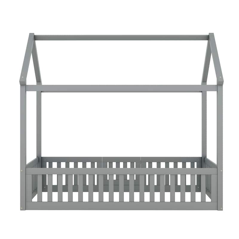 Twin House Platform Bed with Roof, Fence and Door, Distressed Washed Finish, Imaginative Bed for Kids' Playrooms