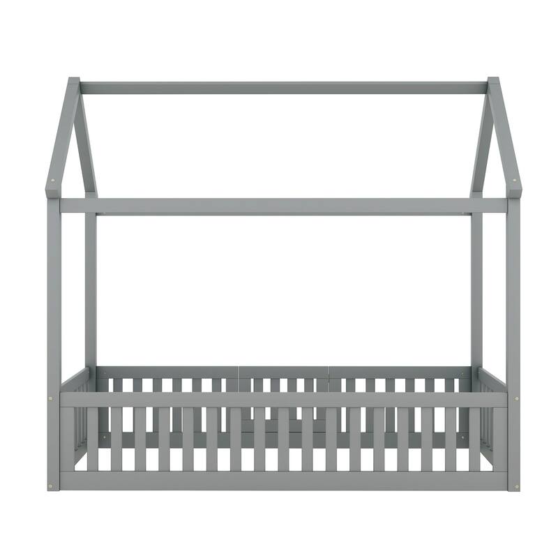 Wood House Bed without Slats, House Shaped Floor Bed Frame with Fence and Door, Solid Pine Kids Playhouse Bed with Roof