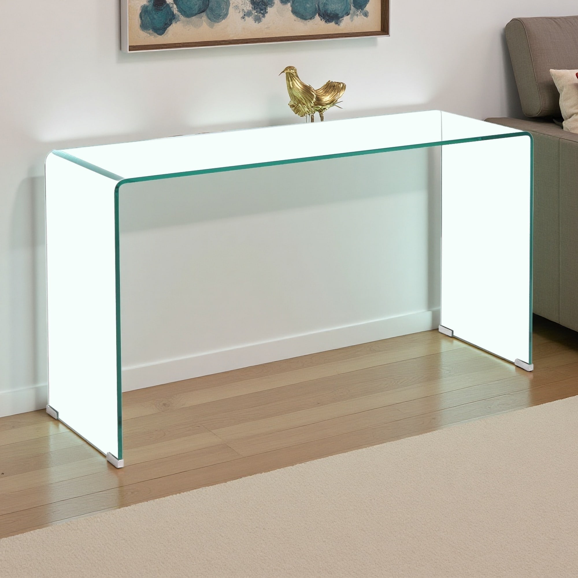 43.3" Transparent Tempered Glass Console Table with Rounded Edges, Simple Design for Functional Use in Living Rooms