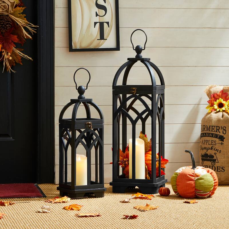 Glitzhome Set of 2 Wooden Church Style Fall Decorative Lanterns Candle Holders - Black